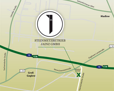 Lageplan zum Steinmetzbetrieb Jainz in Cottbus